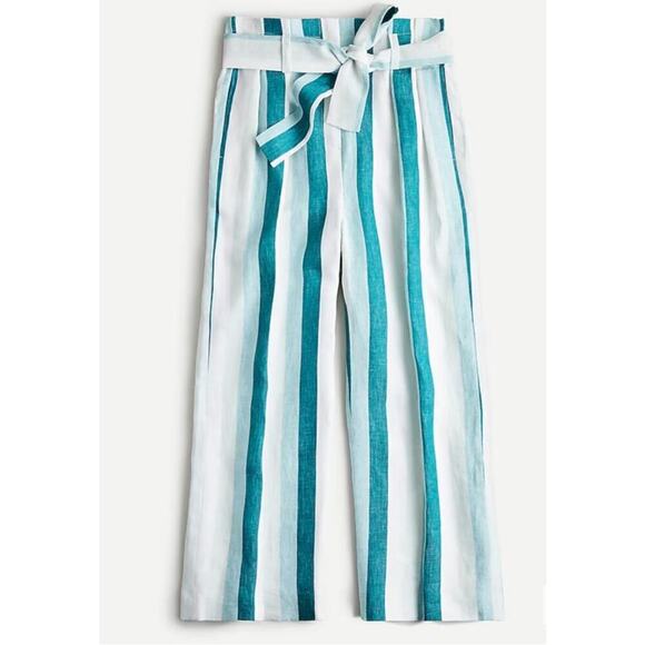 J. Crew Size 8 Paper Bag Linen Wide Leg Pants Cabana Strip Turquoise Jade White - Picture 4 of 9